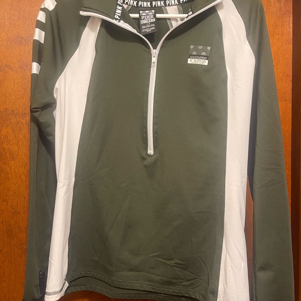 PINK Victoria's Secret Olive and White Zip-Up Jacket